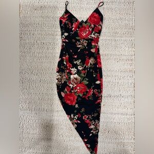 Windsor Black Floral Ruched Bodycon Midi Dress – Asymmetrical Hem – Size M